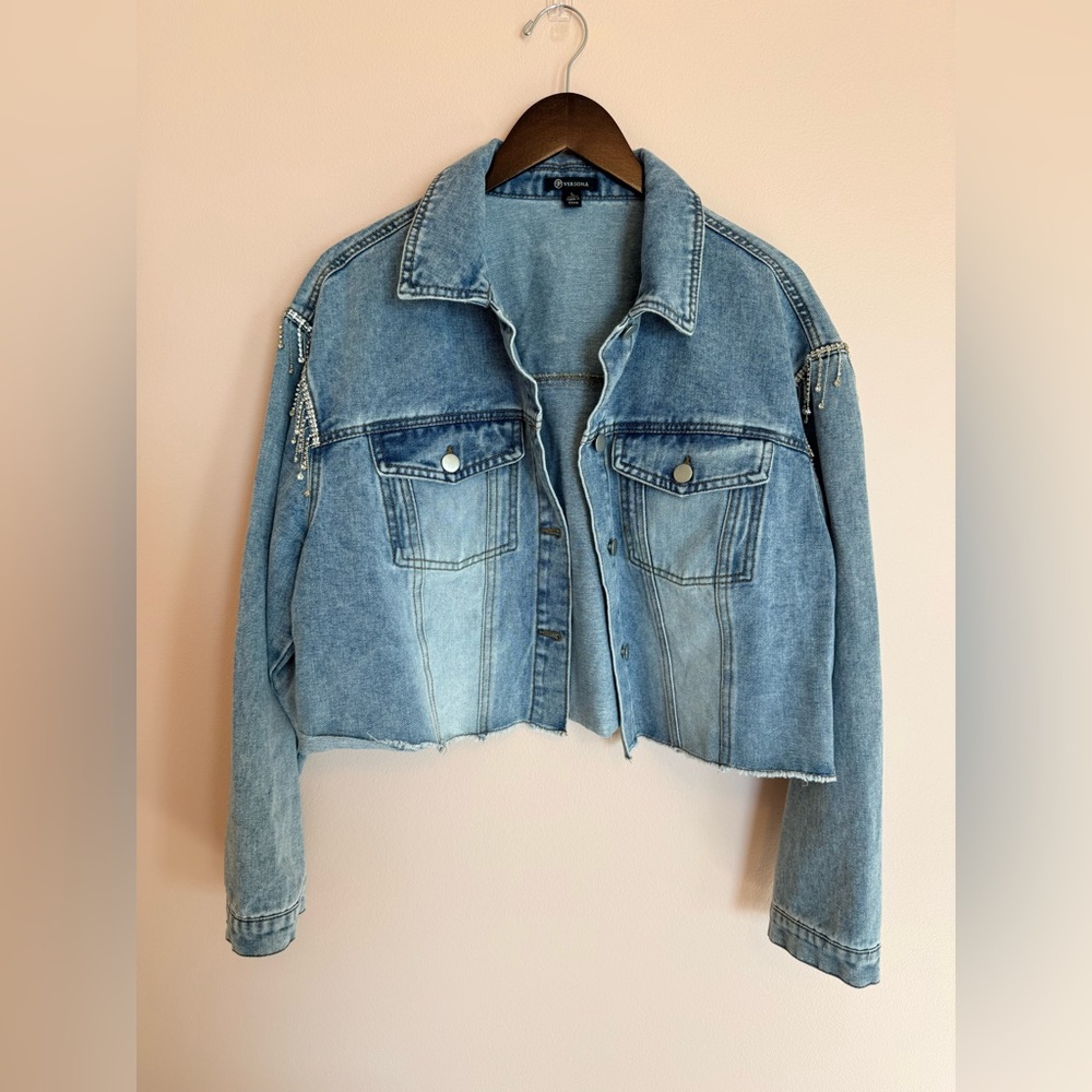 Versona Light Blue Cropped Denim Jacket with Rhinestone Detailing